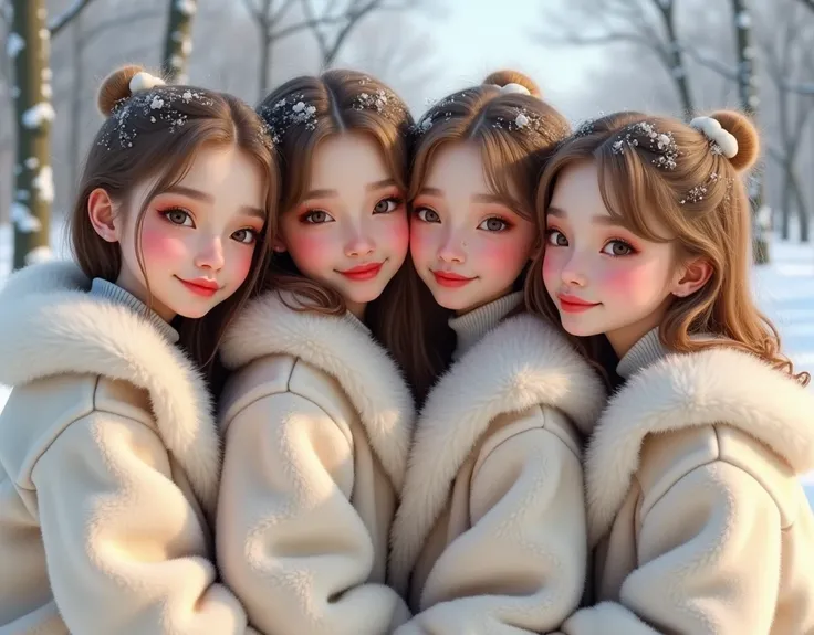 Adorable teenage fair-skinned Russian women wearing fluffy fur coats。smile、winter。(((Sexy Breasts、Armpits)))4 people