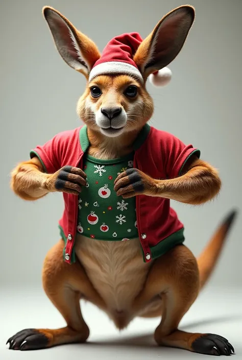 Muscular kangaroo with a Christmas shirt and a hat tearing it