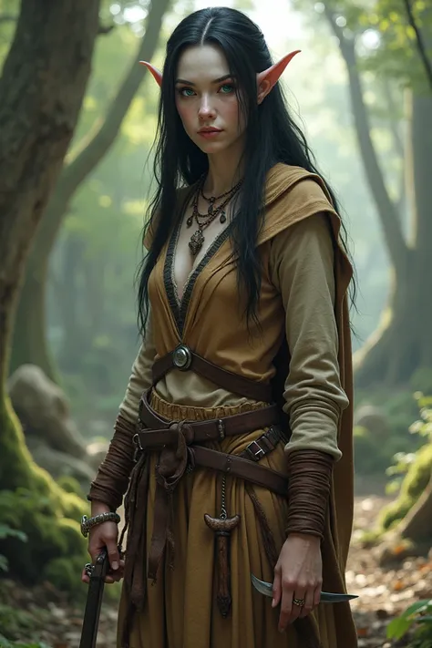  Generates an image of a D &D realistic from head to toe .
Druid half-elf woman , athletics,  black hair,  pointy ears ,  white complexion , one green eye and one blue eye ,  dressed in light brown leather clothing.  She has 2 small daggers like weapons , ...