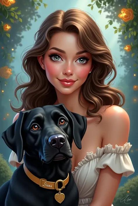 Disney An adult girl with brown hair and wavy  , ,  gray eyes
With a black Labrador dog on the collar, the inscription Luna