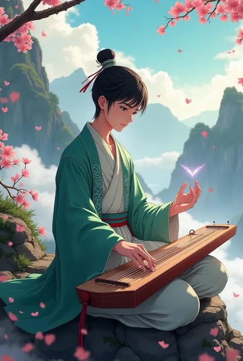  Japanese anime HD  , A picture of a young Tao playing a Chinese instrument GuZheng on his lap  ,  A high-contrast image shows an 18-year-old Chinese male cheerleader , very handsome,  black-haired teenager ,  strong athlete ., There is a picture  ,  with ...