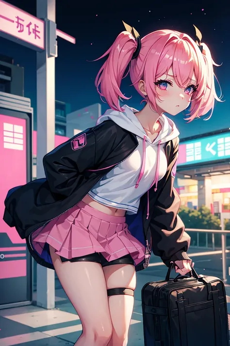 a cute femboy , sexy femboy, trap , short twintail hair , wearing a blue graffiti hoodie and pink short skirt , black stocking , sexy c cup breasts , blackeye , eye makeup , standing on platform in railway station at night time.