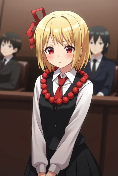 rumia from touhou project testifying in court. Rumias design shows that she has red eyes and short blonde hair. She wears a black vest and skirt, and white blouse with a red tie bordered by two large red beads around her neck. She also has small red ofuda ...