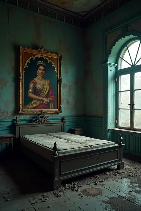 (photorealism:1.2), A Dark creepy room very old once was a royal princess room Indian but now its a dirty room filled with spider webs and dirt and old bed without matress is alos there witha big painting attached to a wall of the princess just like "Maunj...