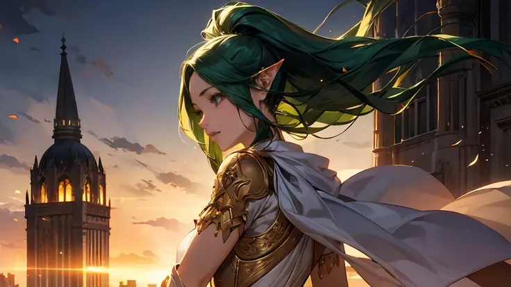 Elf woman in a dress, beautiful and elegant female elf, 2.  5D CGI anime fantasy artwork, Fantasy MMO、Beautiful elves looking at an ancient floating city,Pointy Ears、 green hair、 emerald green eyes 、matiha 