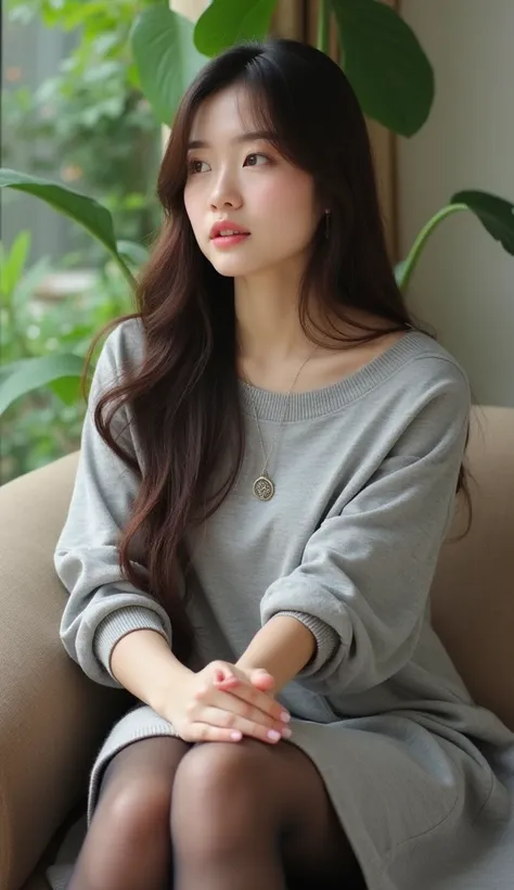  A beautiful Chinese woman with a very temperament，Slightly fat， long hair，A beautiful Chinese woman in trendy casual attire ， in pantyhose and sit on the couch，In the back is a garden，Talking to the camera