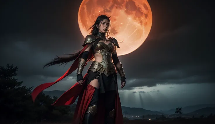 A fierce warrior standing atop a mountain of bones under a blood-red moon. Her armor is tarnished and battle-worn, with intricate engravings of ancient symbols. Dark storm clouds churn above, while faint rays of moonlight illuminate her face, showing a mix...