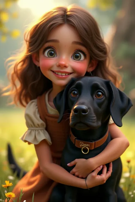 Disney girl with brown wavy hair , ,  gray eyes
With a black Labrador dog on the collar, the inscription Luna