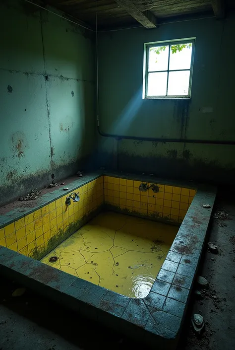 "Create a dark and abandoned indoor setting featuring a small, rectangular, neglected pool or bathtub. The pool should have cracked, yellow-stained tiles, with some areas appearing moldy or peeling. The surrounding walls are damp, weathered, and grimy, wit...