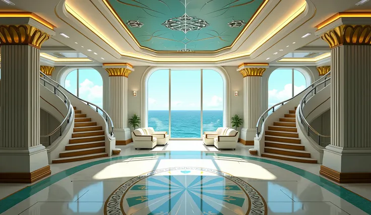 Interior of A cruise ship rendered in the sleek and stylized aesthetic of Art Deco Machine Age design. Emphasize geometric patterns, streamlined forms, and luxurious materials like chrome, gold, and polished wood. Consider incorporating elements of archite...