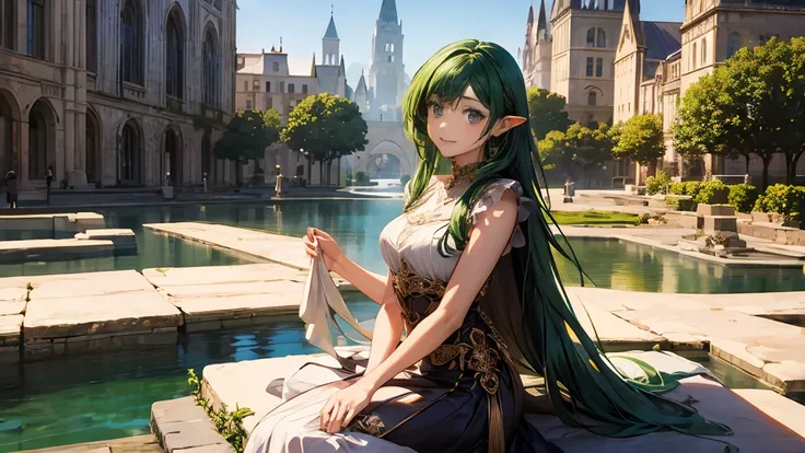 Elf woman in a dress, beautiful and elegant female elf, 2.  5D CGI anime fantasy artwork, Fantasy MMO、Ancient floating cityを眺める美しいエルフ,Pointy Ears、 green hair、 emerald green eyes 、Ancient floating city、The water flows gently 、 Im looking at a fantastic land...