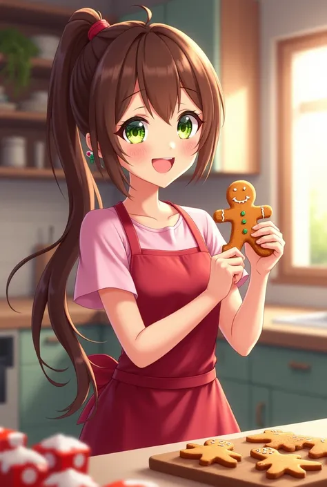 Lita Kino anime woman smiling green eyes long brown hair tied in a high ponytail pink dress short sleeve line kitchen apron red Christmas baked gingerbread cookies in the shape of a gingerbread man in her home kitchen, Full body anime style 