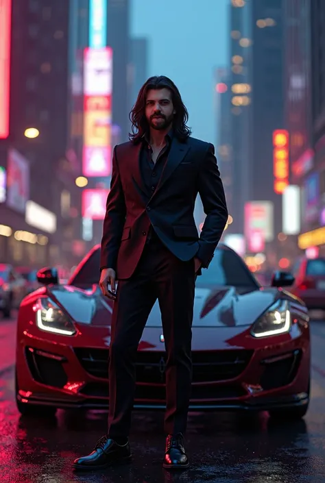 A man with long hair poses in front of a luxury car in a city in the evening.. 