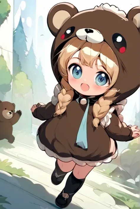 A bear costume, a girl wearing a costume, cute,