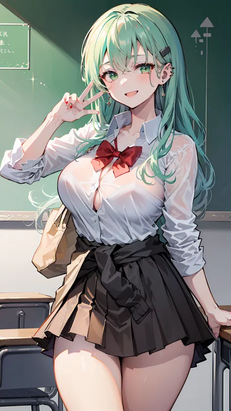 (masterpiece、Highest quality、Very detailed))、One girl、suzuya KanColle GREEN long hair GREEN eyes evil smile、((open mouth))、((lots of piercing))、((Large Breasts))、((White collared shirt))、Removed button、A bow tie、((Black pleated skirt))、((miniskirt))、cardig...