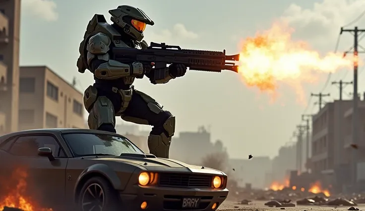 Master chief is on top of a car holding a machine gun and shooting at enemies