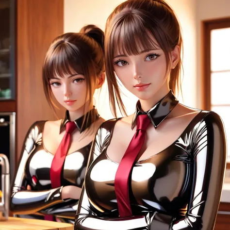  Mom and daughter ,  masterpiece,  ponytail, Lens reflection, Reflected light,  buttoned in extremely tight shiny latex blouse, high resolution ,  looking at the viewer ,  BROWN HAIR, Bangs, Necktie, Are in the kitchen 