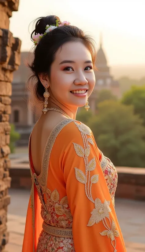 perfect shape, A breathtakingly beautiful young woman dressed in a Keng Tong Tai Khun traditional outfit, highly detailed, detail lips, detail eyes, detail nose, captured in a full-body photorealistic portrait against the backdrop of the majestic Bagan tem...