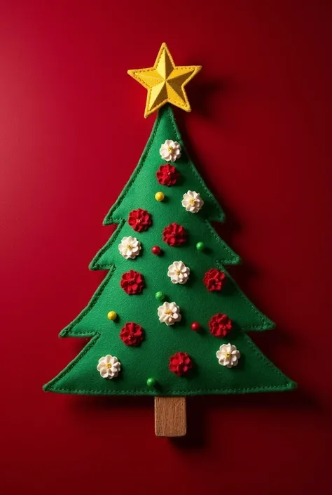 felt Christmas tree decoration on a dark red background