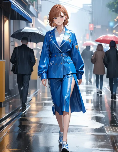 ( Walking in the Rain), (whole body), masterpiece:1.5, masterpiece, highest quality, (Misaka Mikoto), UHD, retina, masterpiece, accurate anatomy, textured skin, super detailed, high quality, best quality,  highres icon, 8k