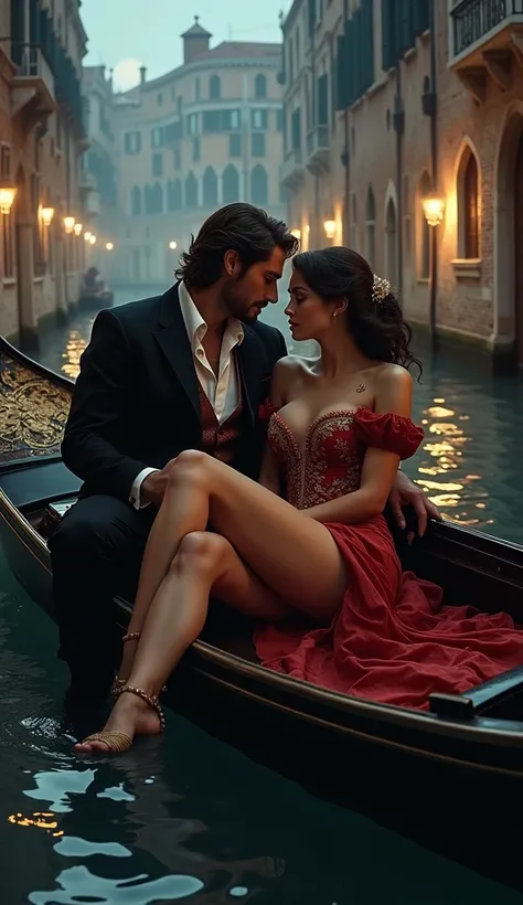 "A gondola gliding through moonlit Venetian canals, where a courtesan in a daringly short gown reclines, her leg exposed as a nobleman leans in close. The soft ripple of the water adds an air of seduction

to the intimate moment."