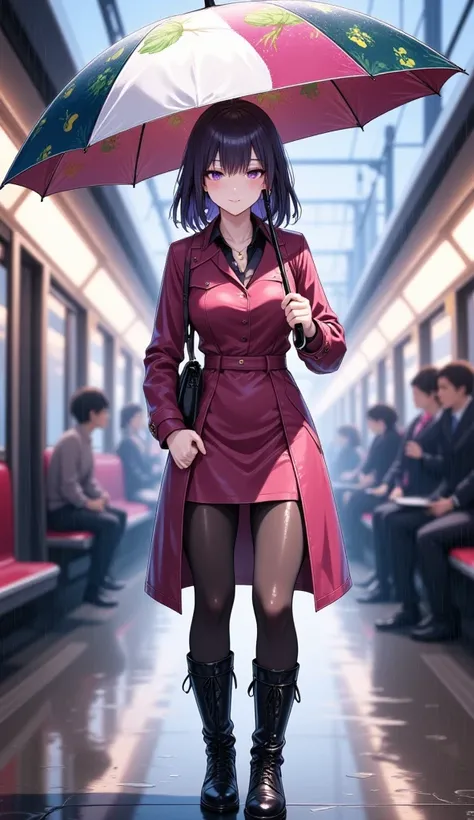  mature beautiful woman with ,( best quality, very detailed depiction, Incredibly Absurd Hi-Res,High quality anime drawings:2.0),( Woman Walking Down Main Street In The Rain ,winter coat , tight skirt on the express train,Shiny Cloth ,Winter clothes,Earrin...