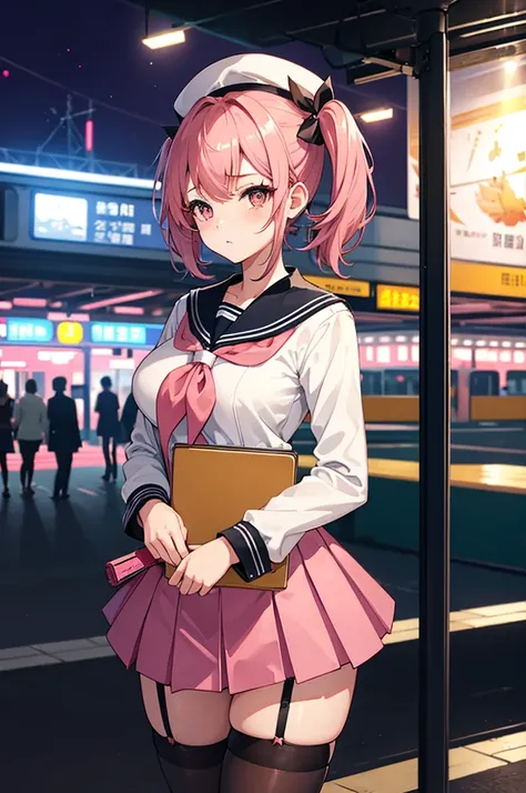 a beautiful girl , sexy girl, short  pink twintail hair , wearing a japan sailor school uniform , black stocking , sexy g cup breasts , blackeye , eye makeup , standing on platform in railway station at night time.