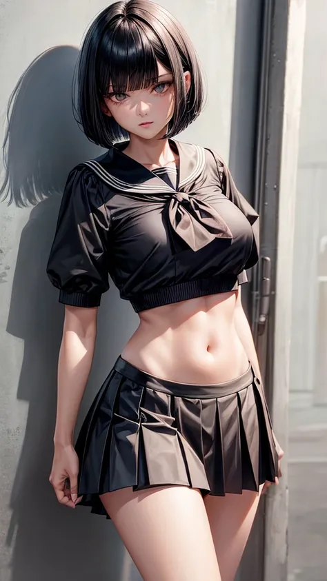 black bob cut,straight bang,boyish face,short sleeved croptop sailor blouse,low-rise micro pleated skirt,