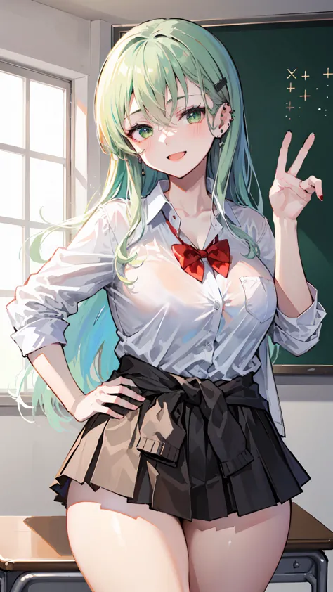 (masterpiece、highest quality、very detailed))、one girl、suzuya kancolle green long hair green eyes evil smile、((open mouth))、((lot...