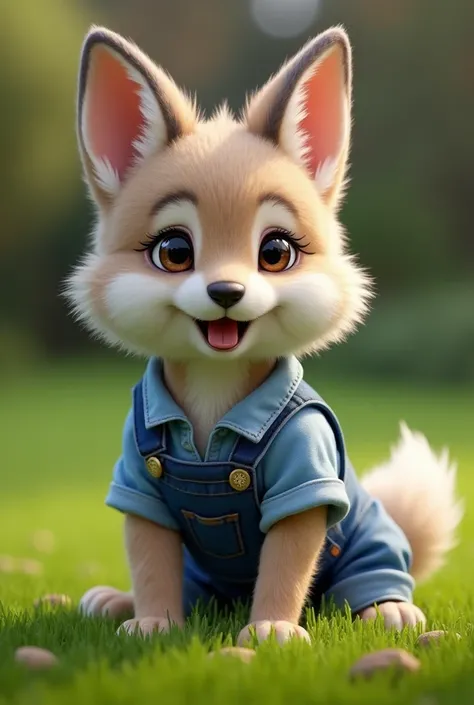 A puppy resulting from the crossing of a wolf and a rabbit wearing a denim gardener and a blue shirt walking on a lawn. He has a wolfs snout and paws and a rabbits ear and tail