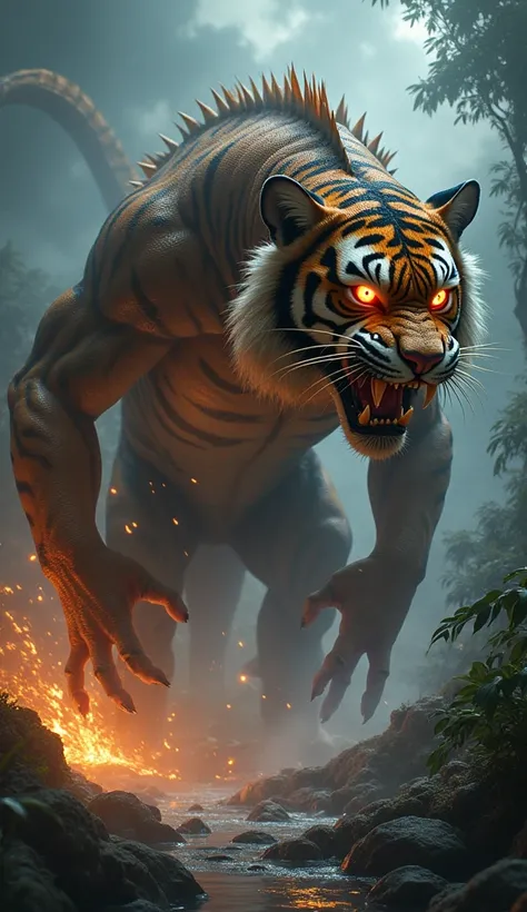 Design a hybrid creature that seamlessly combines the features of a tiger and a Big lizard. The face and legs of a tiger but the skin and tail of a lizard shape  .Its face should be a perfect fusion of both animals, with glowing, piercing eyes and a menaci...