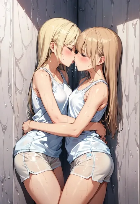 Two girls are the same, lesbians,blonde hime cut hairstyle, blonde long hair, bangs,4K, high resolution,((skinny legs, thin body, small build)),dolphin short,  tight tank top,(( girls hugging each other)), (( hands around waist )),  pink cheeks, embarrasse...