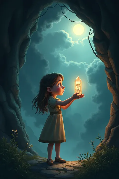 .	Chloe :  Draw a young girl with a surprised and worried expression .  Make sure to detail her hands holding a clear crystal with a small hourglass in the center . The glass should subtly shine .
	2.	The environment:
	•	Coloca a Chloe  frente a la entrada...