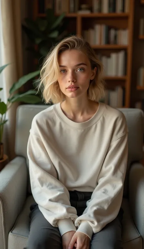 A girl with natural beauty and short blond hair, in a cozy ,  sitting on a chair ,  sweatshirt facing the camera.