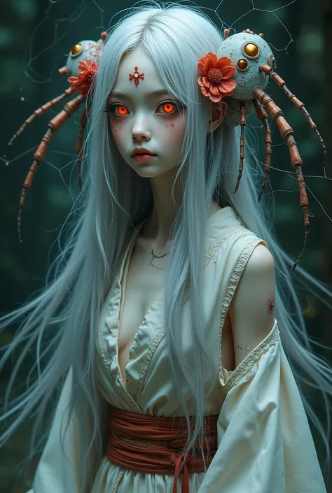 (masterpiece:1.2),Highest quality,Realistic,Nocturnal ghosts,
One girl,silk,Spider web,Long Hair,Arthropod Smiling Girl,kimono,kimono,hair ornaments,Gray Hair,alone,bug,very Long Hair,skull,heart,sash,Spider girl,flower,View your viewers,hair flower,Arthro...