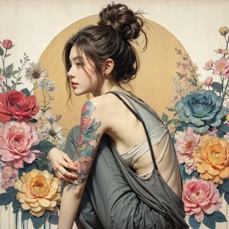 Japanese painting style、 young woman、Long hair tied up、Designed like Mucha 、 tank top 、Tattoo、 sitting surrounded by colorful flowers