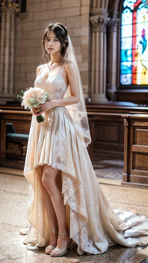 A beautiful young Japanese woman, 26 years old, with healthy thighs, beautiful legs, flawless skin, random hair color and style, large breasts, wearing a (wedding dress:1.3), full body shot, high heels, holding a bouquet in her hands, in a church setting, ...