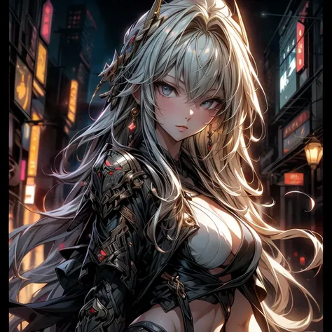 ((best quality)), ((Masterpiece)), ((Enrich the picture，Masterpiece level quality)), ultra background details, an image of a beautiful cyberpunk woman, mature woman, fierce woman, fantasy theme, hips up, fantasy, ((golden hair, long hair)), beautiful white...