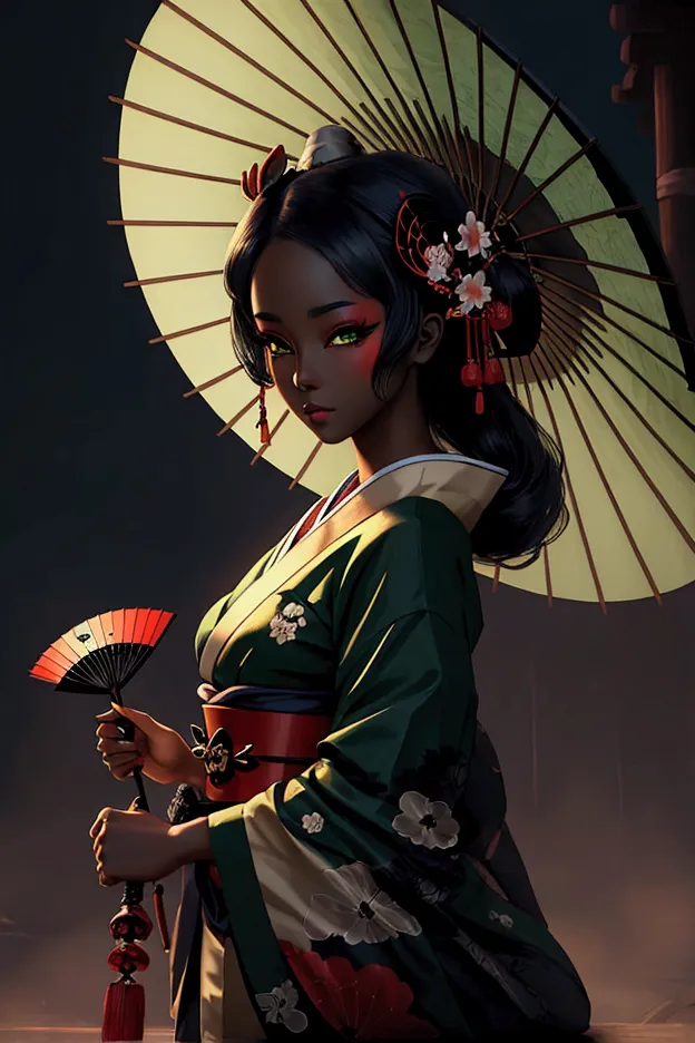 anime dark-skinned geisha with green eyes and umbrella, fan