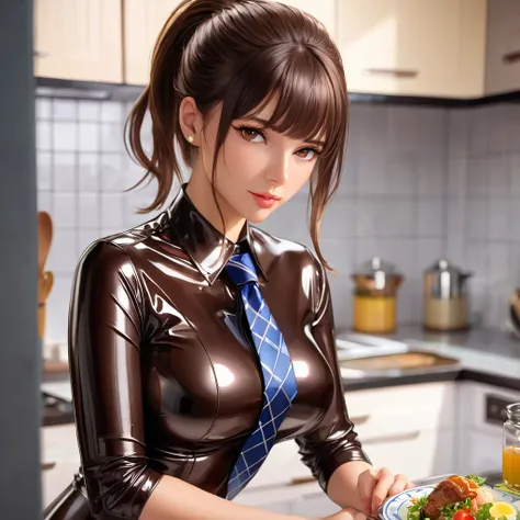 mother and ,  masterpiece,  ponytail, Lens reflection, Reflected light,  buttoned in extremely tight shiny latex blouse, high resolution ,  looking at the viewer ,  BROWN HAIR, Bangs, Necktie, Are in the kitchen and eat 