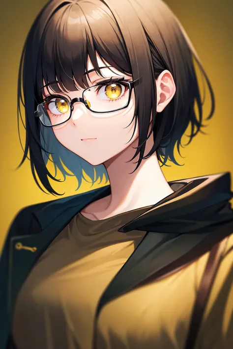 1girl, short black hair, yellow eyes, wearing black coat, wearing glasses, wearing yellow shirt, wearing jean, no background, absurdres, high res, ultrasharp, 8K, masterpiece, looking at viewer, stand still