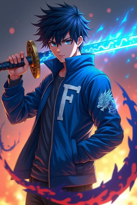 Anime man wearing a blue jacket with the inscription  "f"  And carrying a sword with a blue dragon on a background and a blazing blue dragon on the jacket and blue