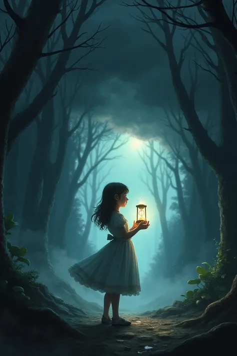 .	Chloe :  Draw a young girl with a surprised and worried expression .  Make sure to detail her hands holding a clear crystal with a small hourglass in the center . The glass should subtly shine .
	2.	The environment:
	•	Coloca a Chloe  frente a la entrada...