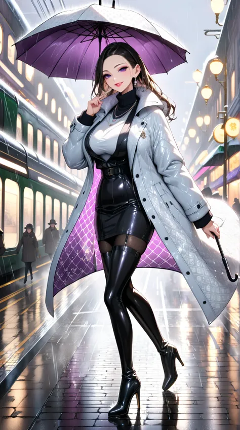  mature beautiful woman with ,( best quality, very detailed depiction, Incredibly Absurd Hi-Res,High quality anime drawings),( Woman Walking Down Main Street In The Rain ,winter coat , tight skirt on the express train,Shiny Cloth ,Winter clothes, earrings ...