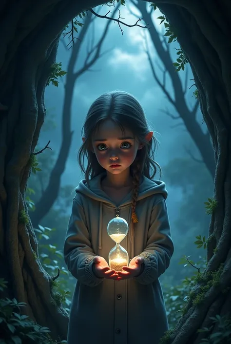 .	Chloe :  Draw a young girl with a surprised and worried expression .  Make sure to detail her hands holding a clear crystal with a small hourglass in the center . The glass should subtly shine .
	2.	The environment:
	•	Coloca a Chloe  frente a la entrada...