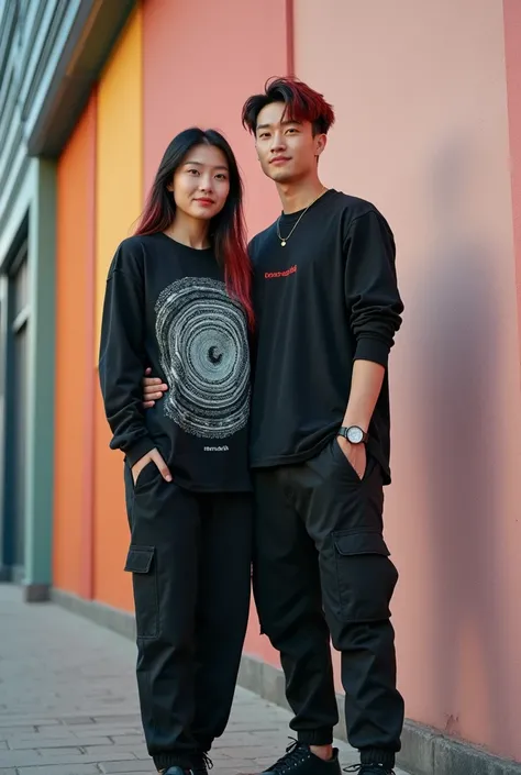 ground angle, charming portrait of a hadsome Korean man with  black red spiked hair, with her body facing the camera and smiling. He wore a long t-shirt  and long black cargo pants and sneaker, with a beautifull Korean woman with long black pink hair, with...