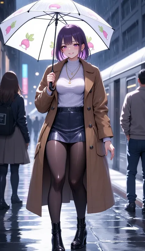  mature beautiful woman with ,( best quality, very detailed depiction, Incredibly Absurd Hi-Res,High quality anime drawings:2.0),( Woman Walking Down Main Street In The Rain ,winter coat , tight skirt on the express train,Shiny Cloth ,Winter clothes, earri...