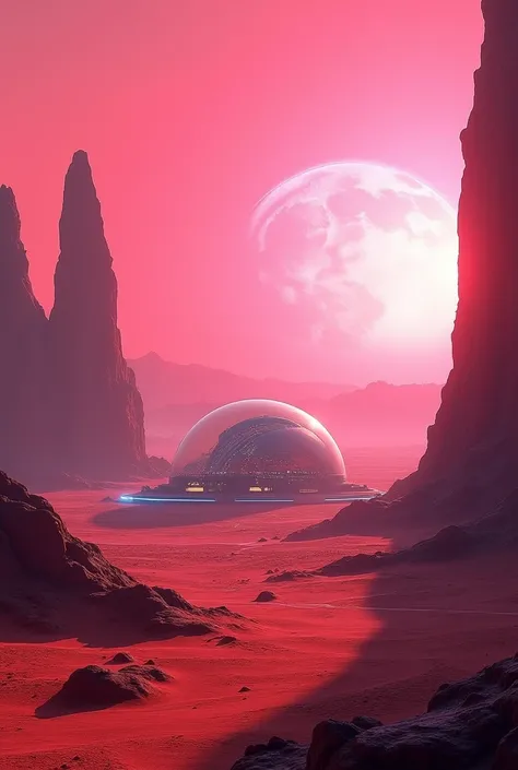 "A Mars landscape with a pink sky ,  red dunes and small mountains in the background . in the center,  a futuristic Martian city under illuminated transparent domes."