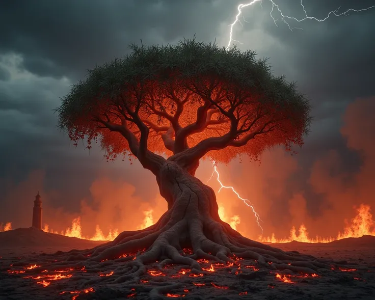 A hauntingly detailed and symbolic representation of the Zaqqum tree, as described in Islamic texts, emerging from the fiery, desolate landscape of Hell. The trees twisted, gnarled roots extend deep into the infernal earth, while its branches stretch upwar...