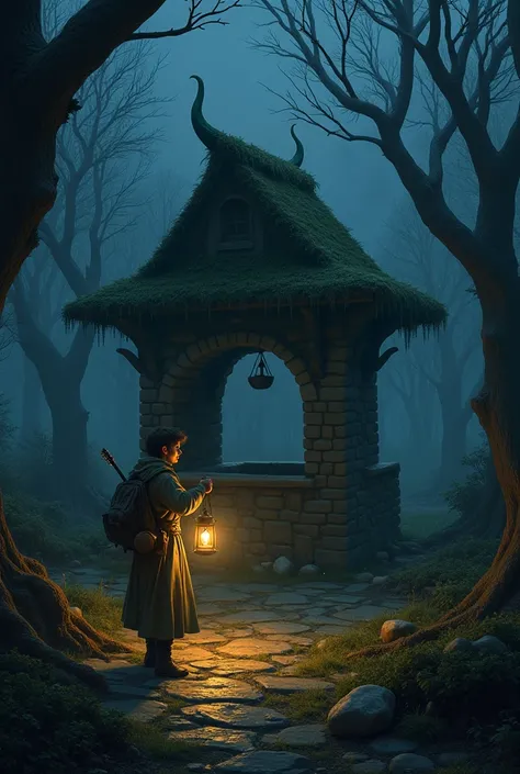 A young man with a lantern walking cautiously near an old moss-covered well at night, trees swaying in the cold wind, and a mysterious, tense atmosphere."